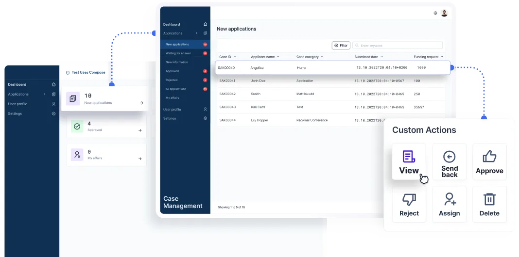 syntrix data Case Management (CCM) interface showcasing an organized dashboard for managing new applications, including features like viewing, approving, and assigning tasks. Designed for enterprise efficiency.