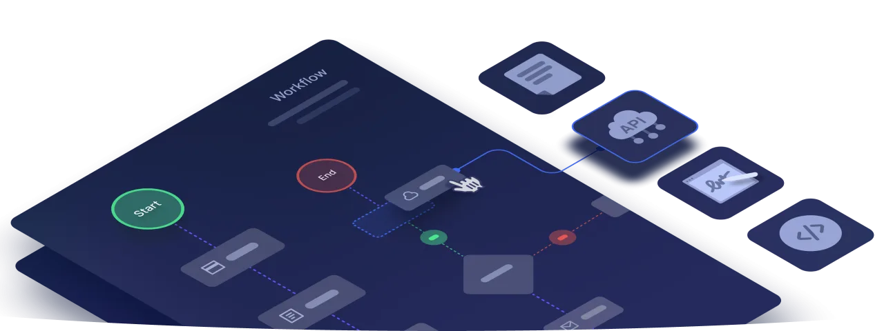 Low-code builder dashboard interface showcasing workflow tiles, buttons for form generation, api connector, digital signage and code blocks